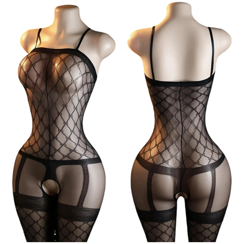 New Open Back Bras Body Suits Hanging Neck Bodystockings Erotic Crotchless Lingerie Women's Sexy Lace Mesh Hollow Underwear Sets