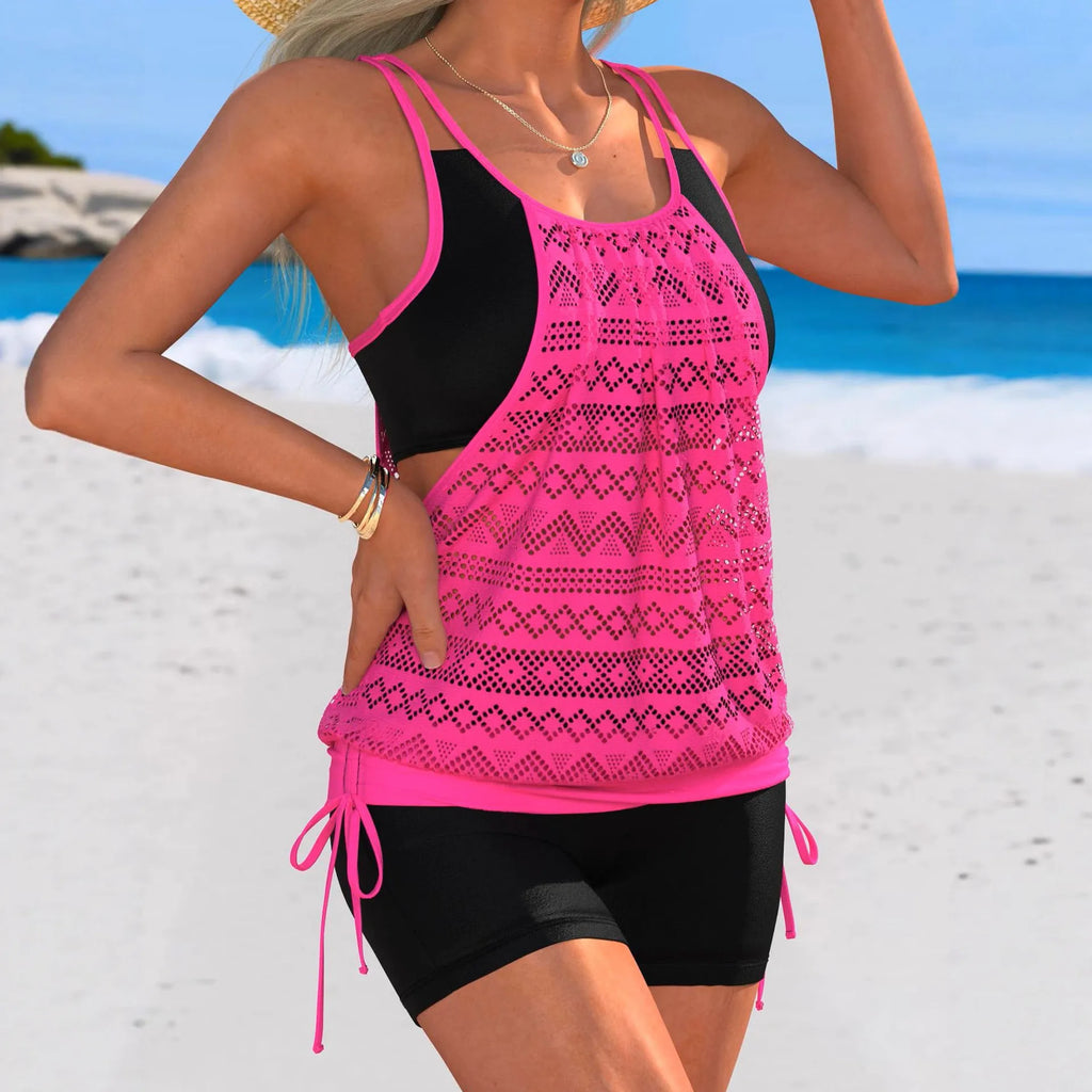 Hot Pink Patchwork Two Piece Swimsuit Women Drawstring Side Tank Top High Waist Short Tankini Beach Bathing Suit Swimwear 2026