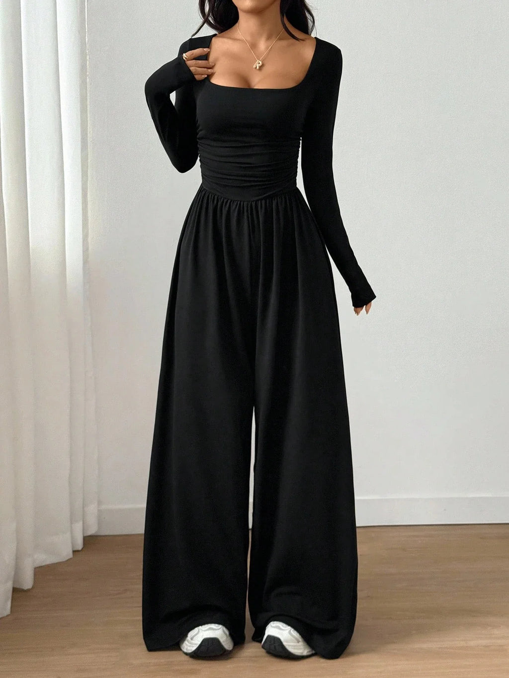 Women's Casual Solid Color Square Neck Long Sleeve A-Line Jumpsuit Pleating Wide Leg Loose Mopping Jumpsuit Spring/Fall 2026