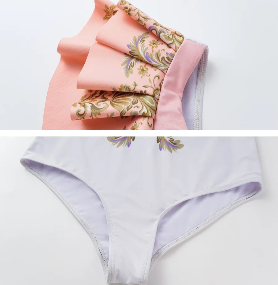 Vintage Pink Floral Print Swimsuit 2024 Ruffle Push Up Skirt Monokini Holiday Bathing Suit Tummy Control Swimwear Surf Wear