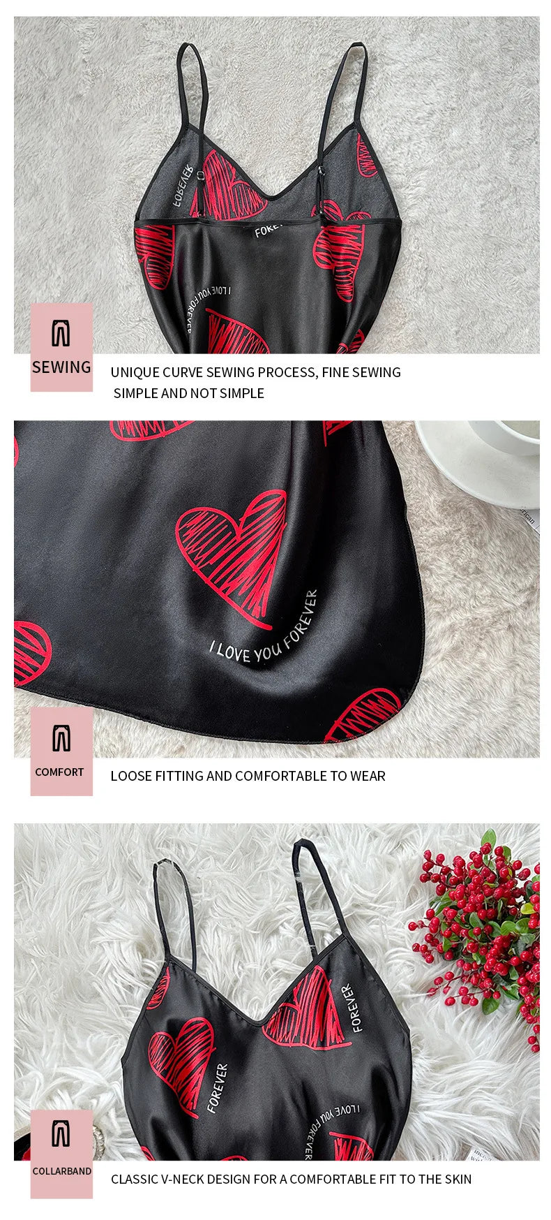 Valentine's Day Red Lip Print Satin Slip Straps Nightdress V Neck Backless Mini Sleep Dress Women's Nighties Sleepwear Dresses