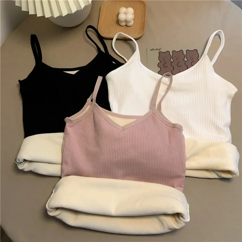 Women Winter Warm Camisoles Velvet Tops Thickened Undershirt Female Sleeveless Thermal Underwear Cozy Camisole Warm Sling
