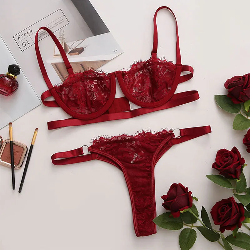 2 Pieces Sexy Lingerie Fancy Lace Erotic Set Transparent Underwear Fairy Embroidery Brief Sets Delicate Bra  Push Up Breves Kit
