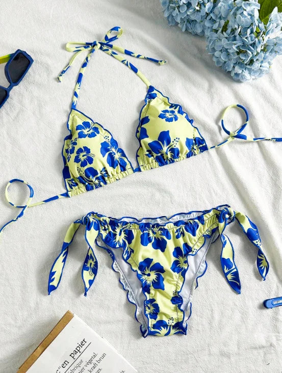 Cute Orange Floral Print Bikini Set Women Halter Ruffles Push Up Tie Side Thong Swimsuit 2026 Summer Bathing Suit Micro Swimwear