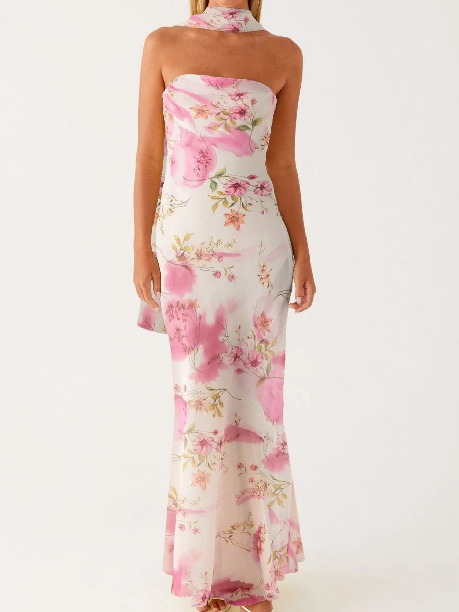 Women Long Bodycon Dress With Scarf Tube Maxi Dress Sexy Summer Strapless Dresses Off Shoulder Sundress Evening Vestidos