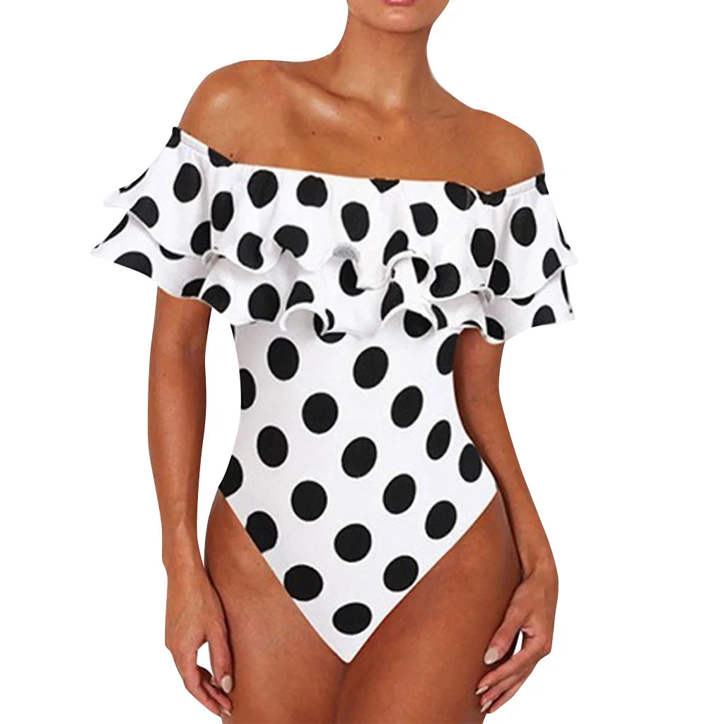 Black and White Polka Dot Ruffled One-Piece Swimsuits Sexy Push Up Bathing Suit Bodysuit Girl Beach Backless Swimwear Monokini