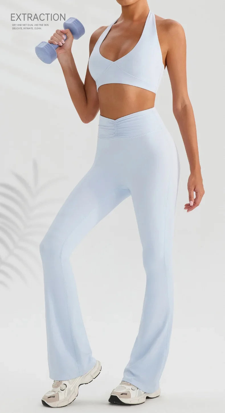 Hearuisavy 2Pcs Women's Sports Set Sun Protection Quick-Dry Tennis Skirt High Waist Yoga Flared Pants Gym Running Fitness Shorts