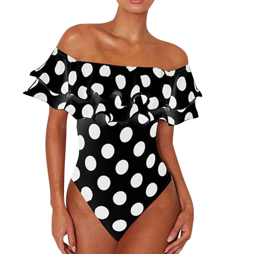 Black and White Polka Dot Ruffled One-Piece Swimsuits Sexy Push Up Bathing Suit Bodysuit Girl Beach Backless Swimwear Monokini