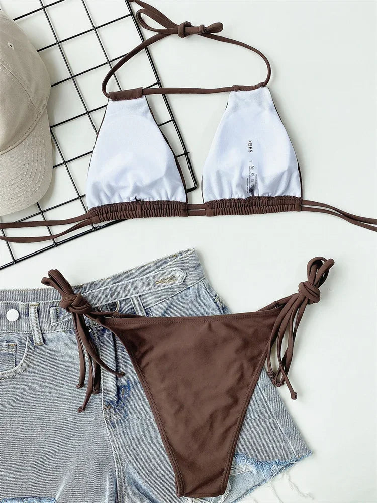 Sexy Bikini 2024 Women Black Brown Halter Hollow Out Push Up Micro Swimsuit Brazilian Bathing Suit Tie Side Triangle Swimwear