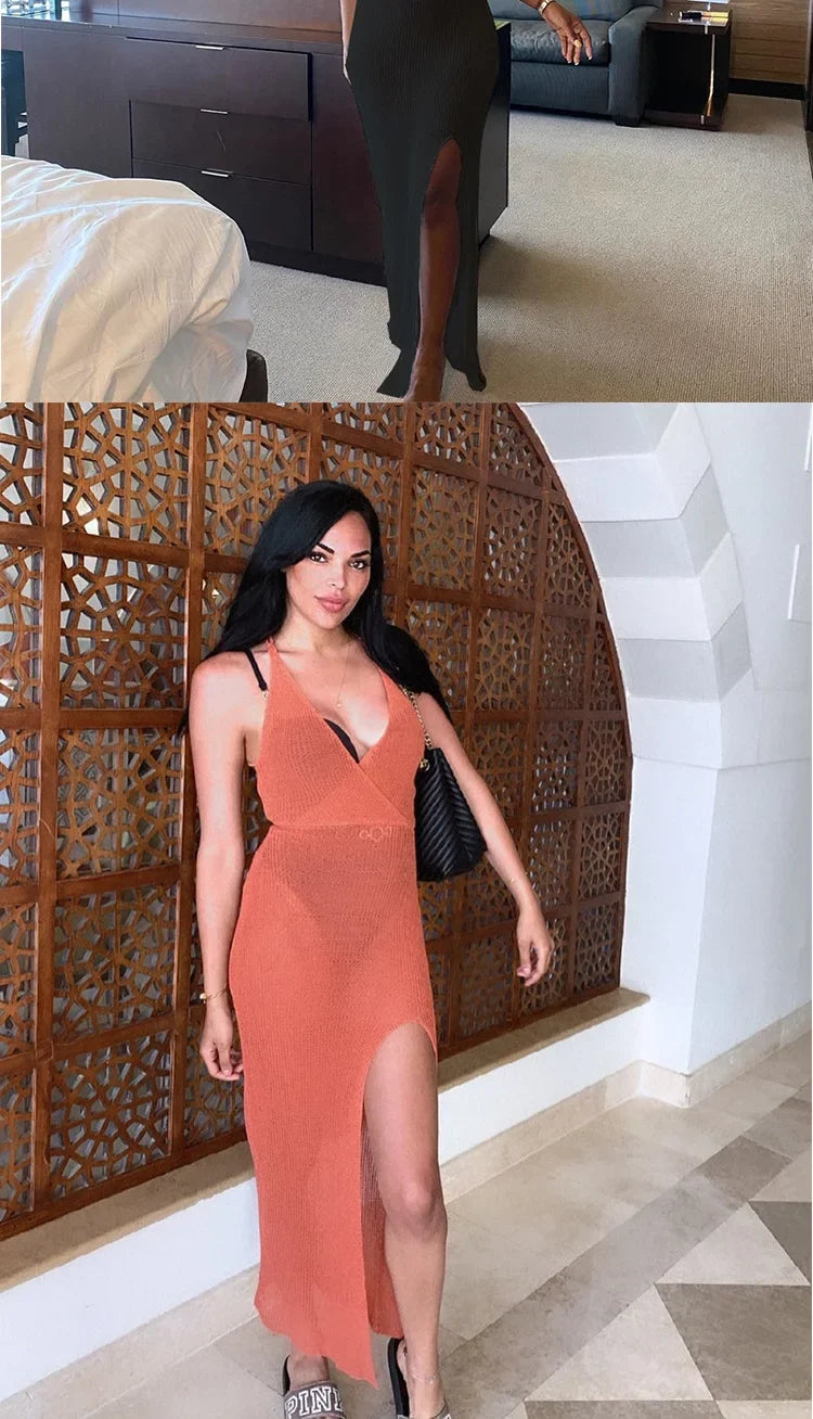 2023 New Crochet Beach Maxi Dress for Women See Through Sexy Bikini Plunge Backless Bandage Sleeveless Lacing Split Long Dresses