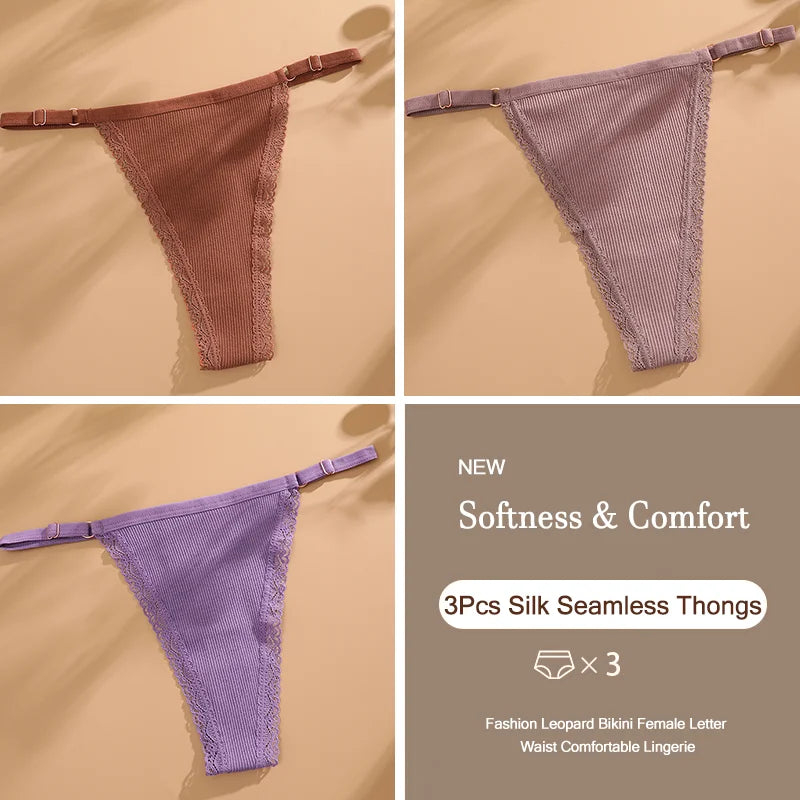 3Pcs/Set Cotton G-String Sexy Women Thong Adjustable Belt Seamless Panties Breathable Low Waist Lingerie Female Soft Solid Color