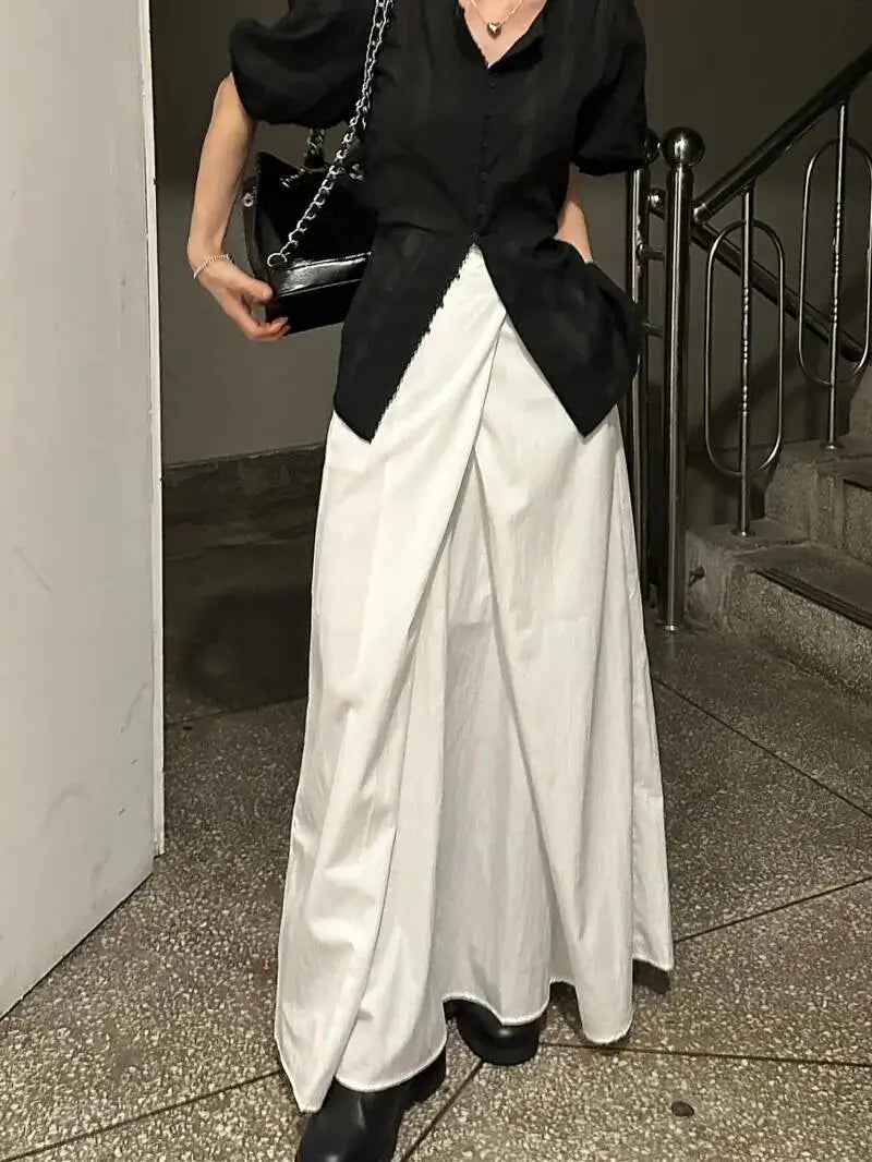 Loose Knee-Length A-Line Skirt Versatile Minimalist Design Commute High Waist Midi Pure Color Polyester Fiber Skirt WDM4