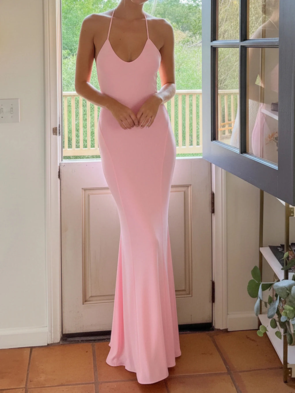 Women Halter Floor Length Vacation Dress Gown Party Slim Fit Fish Tail Maxi Dress Solid Sleeveless Bodycon Evening Dresses