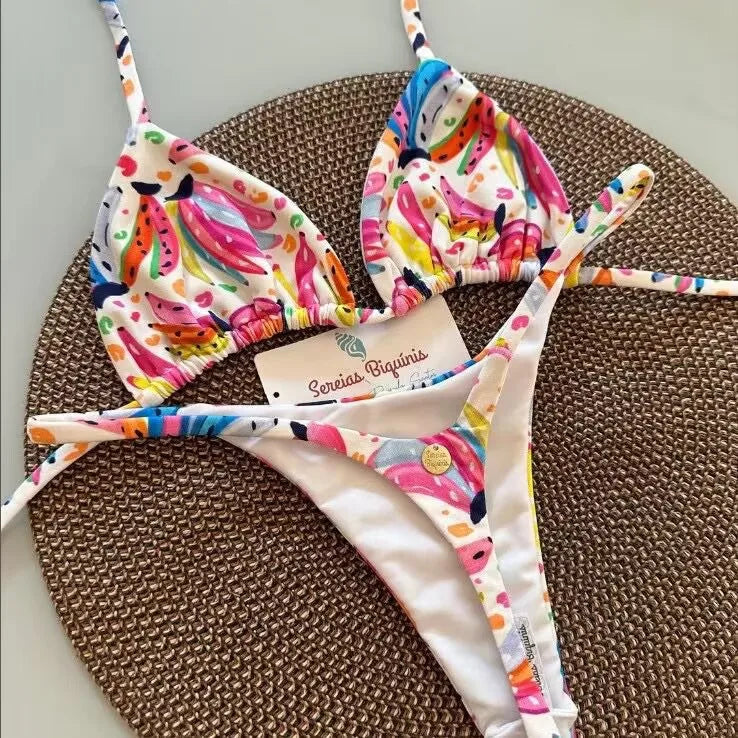 2026 Swimwear Women Cute  Cherry Print Brazilian Thong Bikini Set Sexy Thong Swimsuit Two Pieces Bathing Suit Women Beach Wear