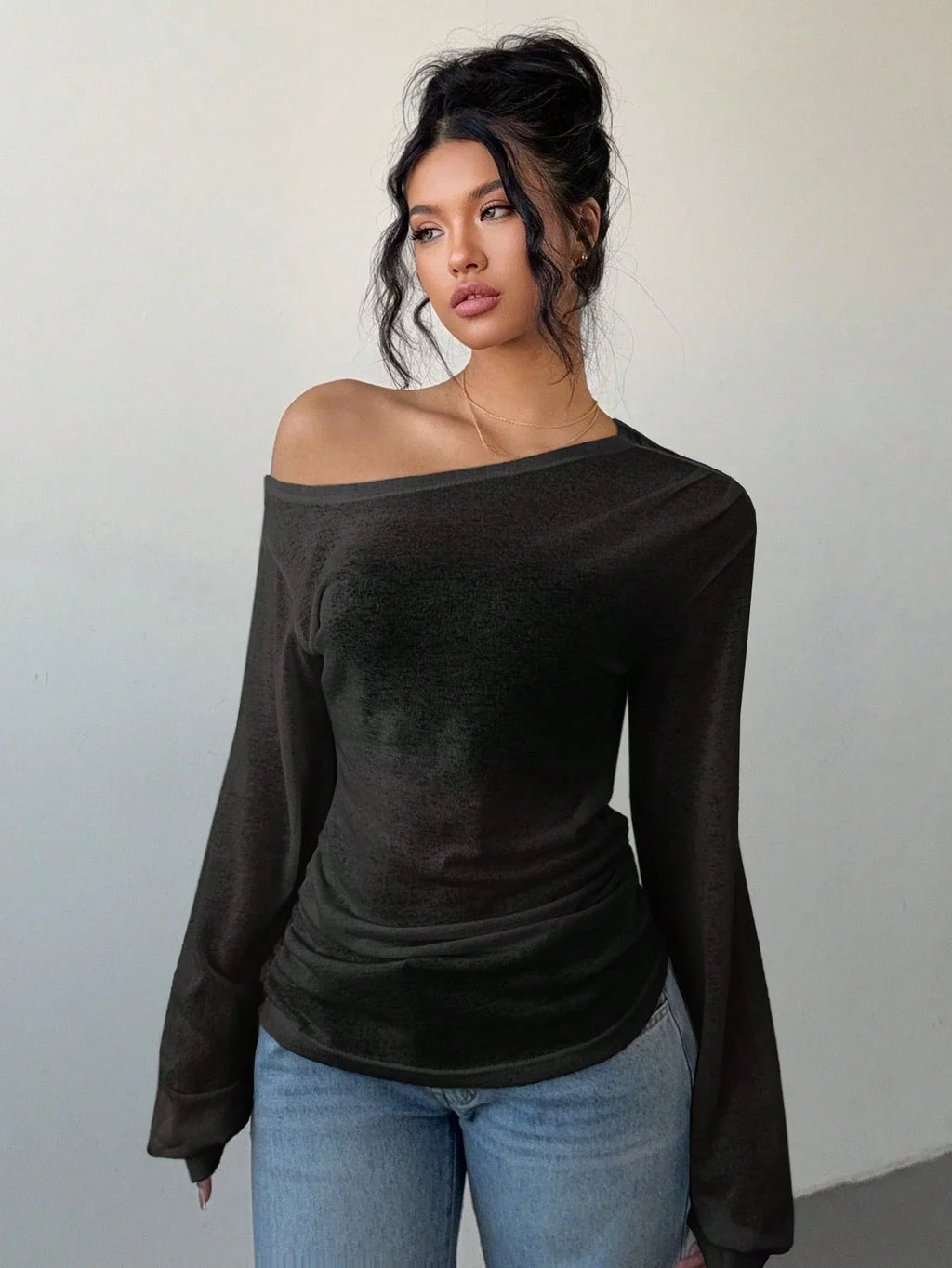 Women's Casual Solid Color Slope Collar Long Sleeved T-Shirt Loose Slouchy Style See-Through Off The Shoulder Top