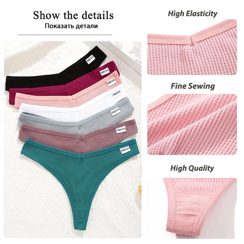 New 7Pcs Women Cotton Waffle Style G-string Panties Ladies Soft Thongs Female S-XL Low-Rise T-Back Panties Bikini Underwear 2024