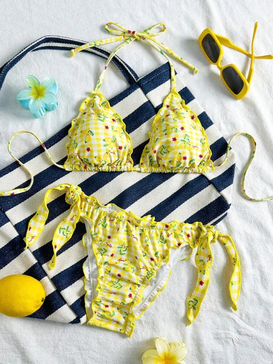 Cute Orange Floral Print Bikini Set Women Halter Ruffles Push Up Tie Side Thong Swimsuit 2026 Summer Bathing Suit Micro Swimwear