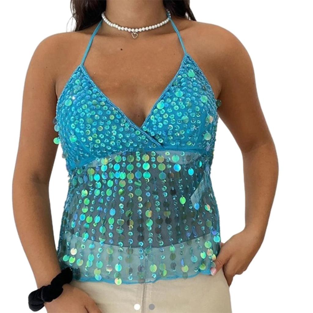 Women's Solid Color Halter Neck Crop Tops Summer Sleeveless V neck Open Back Slim Fit Tie Up Sequins Camis Tops