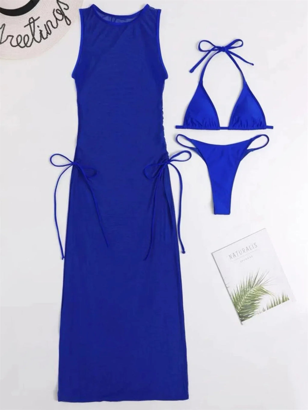 Sexy Sleeveless Mesh Bikini Cover Up Green White Dress 3 Piece Swimsuit Beach See Through Beach Bathing Suit Thong Swimwear 2024