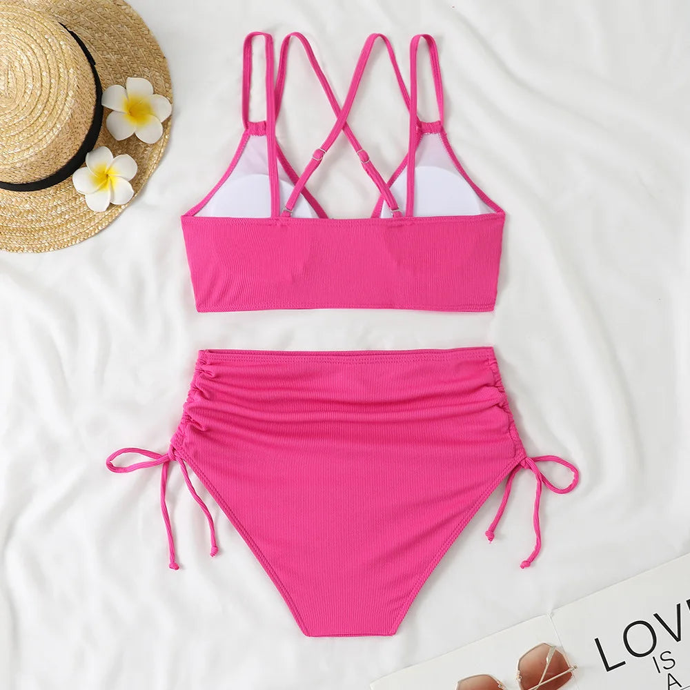 Women's Two Piece Swimsuit Black Double Strap Push Up Pleate Drawstring Side High Waist Bikini 2025 Beach Bathing Suit Swimwear