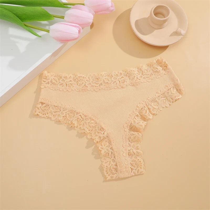 New Lace Seamless Cotton Panties Ribbed Maillard Brazilian Pants LowWaist Women Panties Breathable Girls Underwear Soft Lingerie