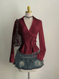 Women's Casual Side Strap Slim Fit Long Sleeve Shirt Sexy V-Neck Pleating Top Spring/Fall 2026