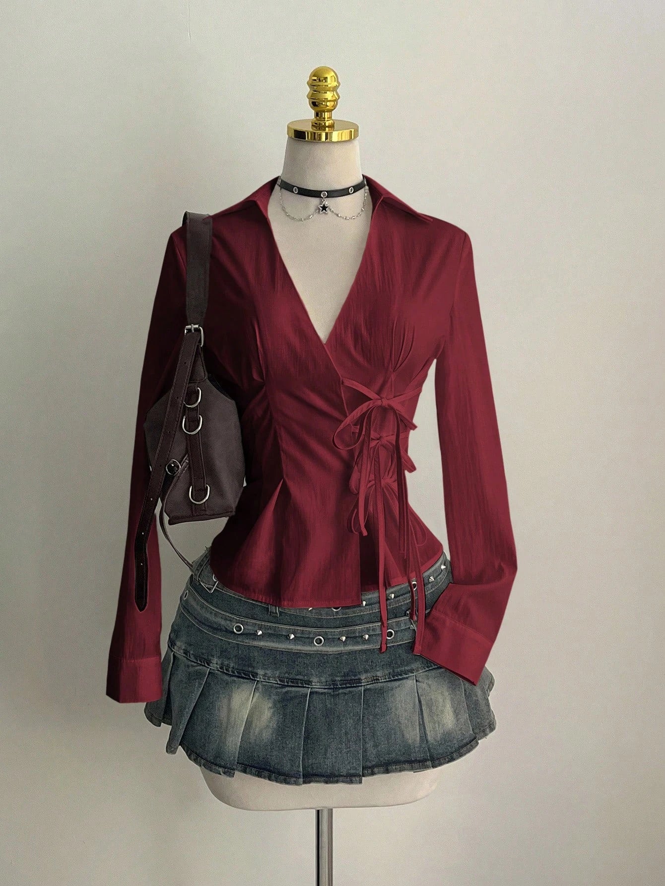 Women's Casual Side Strap Slim Fit Long Sleeve Shirt Sexy V-Neck Pleating Top Spring/Fall 2026