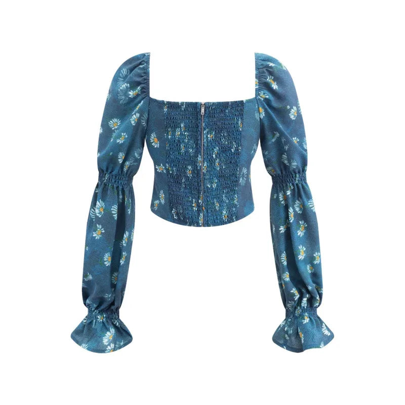 Teal Daisy Print Crop Blouse For Women Square Neck Sheer Puff Sleeves Ruffled Cuffs For Summer Evenings Garden Romantic RIOL