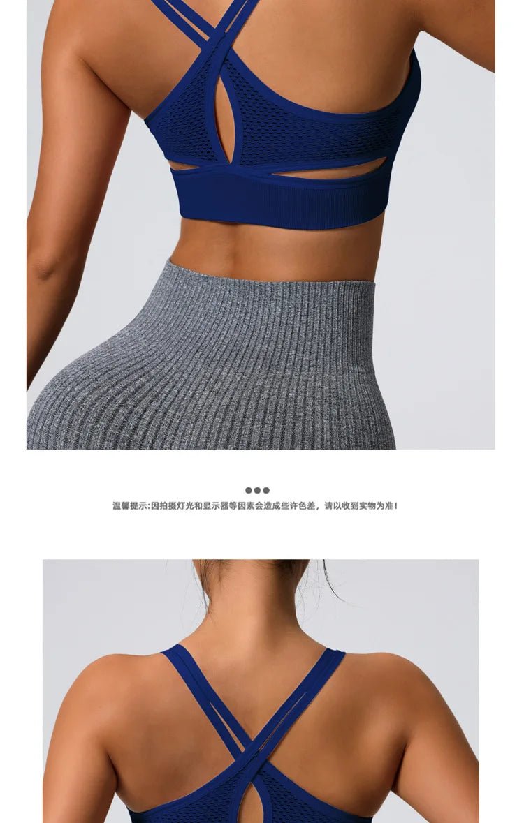 Color-blocked Yoga Top with Cross-straps Yoga Bra Stretchy Comfortable Breathable Sports Vest Wire-free Bra