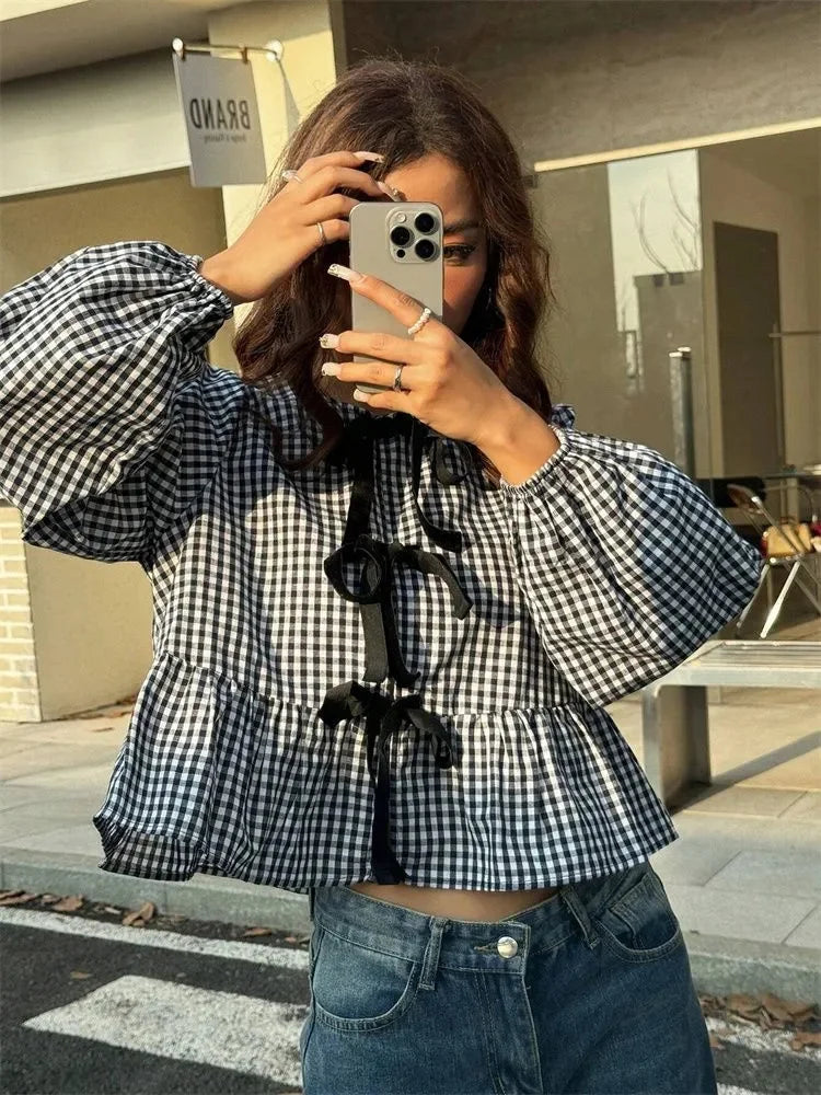 Plaid Lantern Long Sleeve Blouse for Women Spring Autumn Y2K Clothes Sweet Style Loose Knot Front Round Neck Top Streetweawr