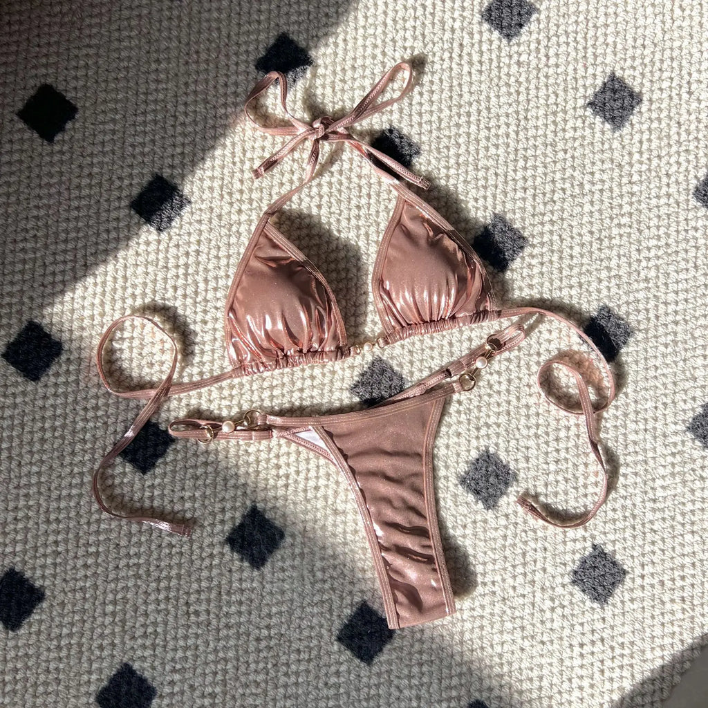 Shiny Pink Micro Bikini 2026 Mujer Women Sexy PU Pearls Push Up Thong Swimsuit Summer Bathing Suit Bandage Holiday Swimwear