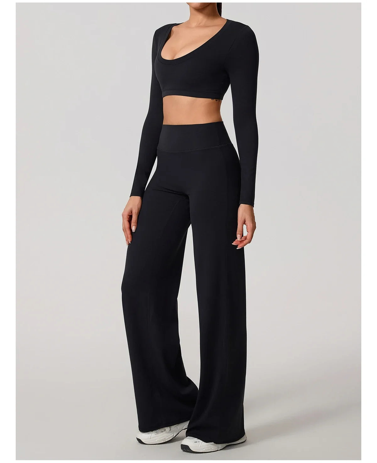 Hearuisavy Sports Set 2Pcs Women's  Long Sleeve Backless Fitted Fitness Top Push Up Pilates Yoga Top Wide Leg Straight Leg Pants