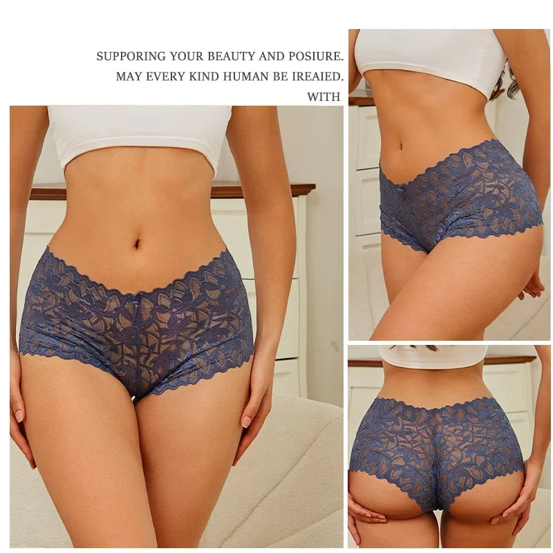 3Pcs Women Lace Boyshort Panties Low-Rise Sexy Underwear Trendy Floral Underpants Female Sexy Boyshort Panties Ladies Lingerie