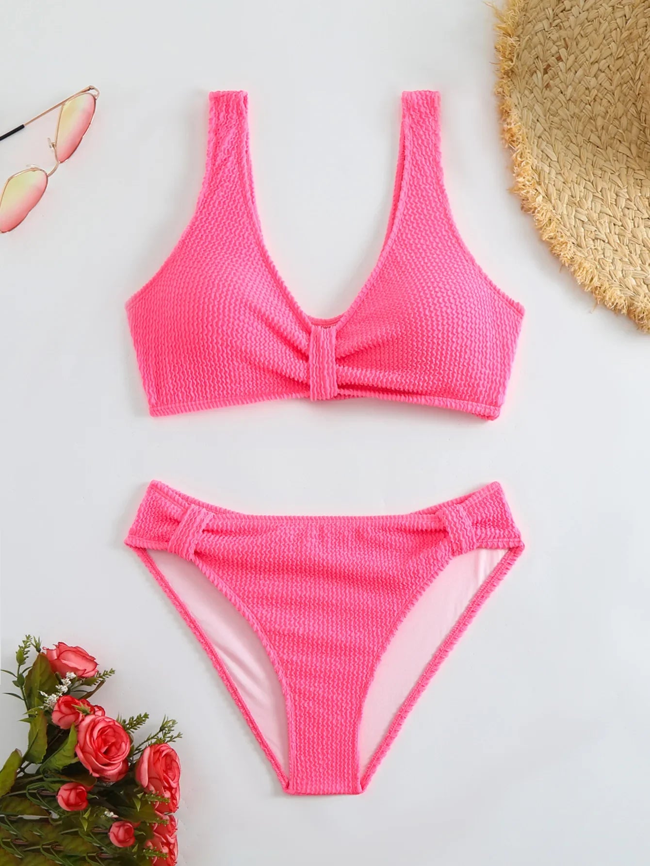 2026 New Sexy Bikini Two-Piece Swimsuit Pure Color High Elasticity Monochromatic Swimwear Comfortable Fit Women's Beachwear