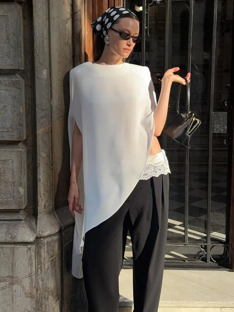 Trendix White Asymmetrical Cover Up For Women Fashion Ruffle Hem Loose Short Sleeve Shirts Casual Elegant Commuting Pullover Top