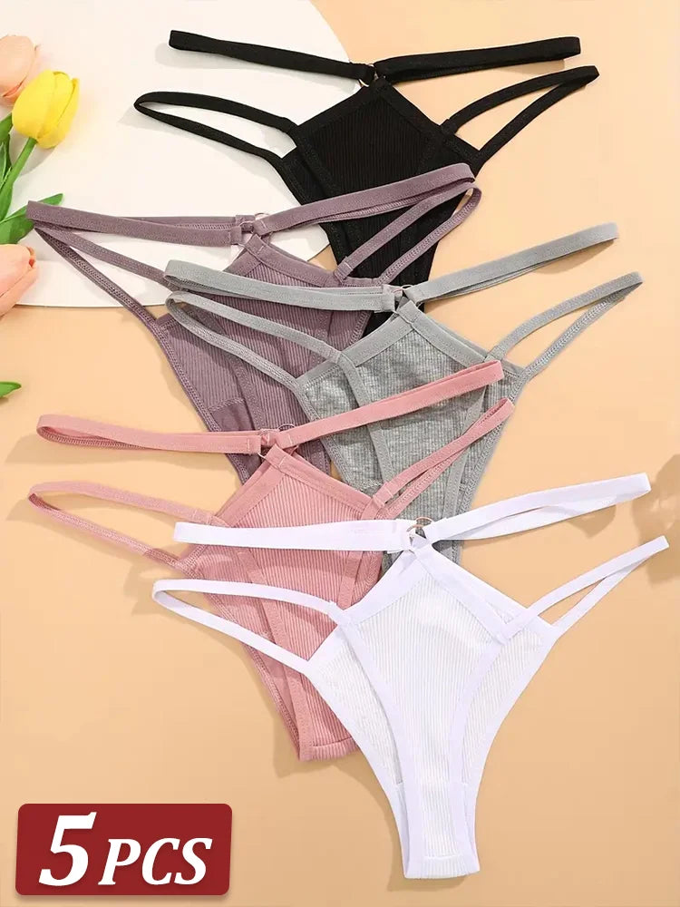 5PCS Women Sexy Cotton Panties Two Belts Hollow Out G-String Thongs Breathable Underwear for Female Solid Color Lingerie S-XL