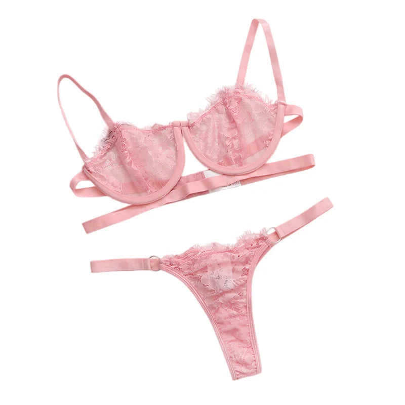 2 Pieces Sexy Lingerie Fancy Lace Erotic Set Transparent Underwear Fairy Embroidery Brief Sets Delicate Bra  Push Up Breves Kit