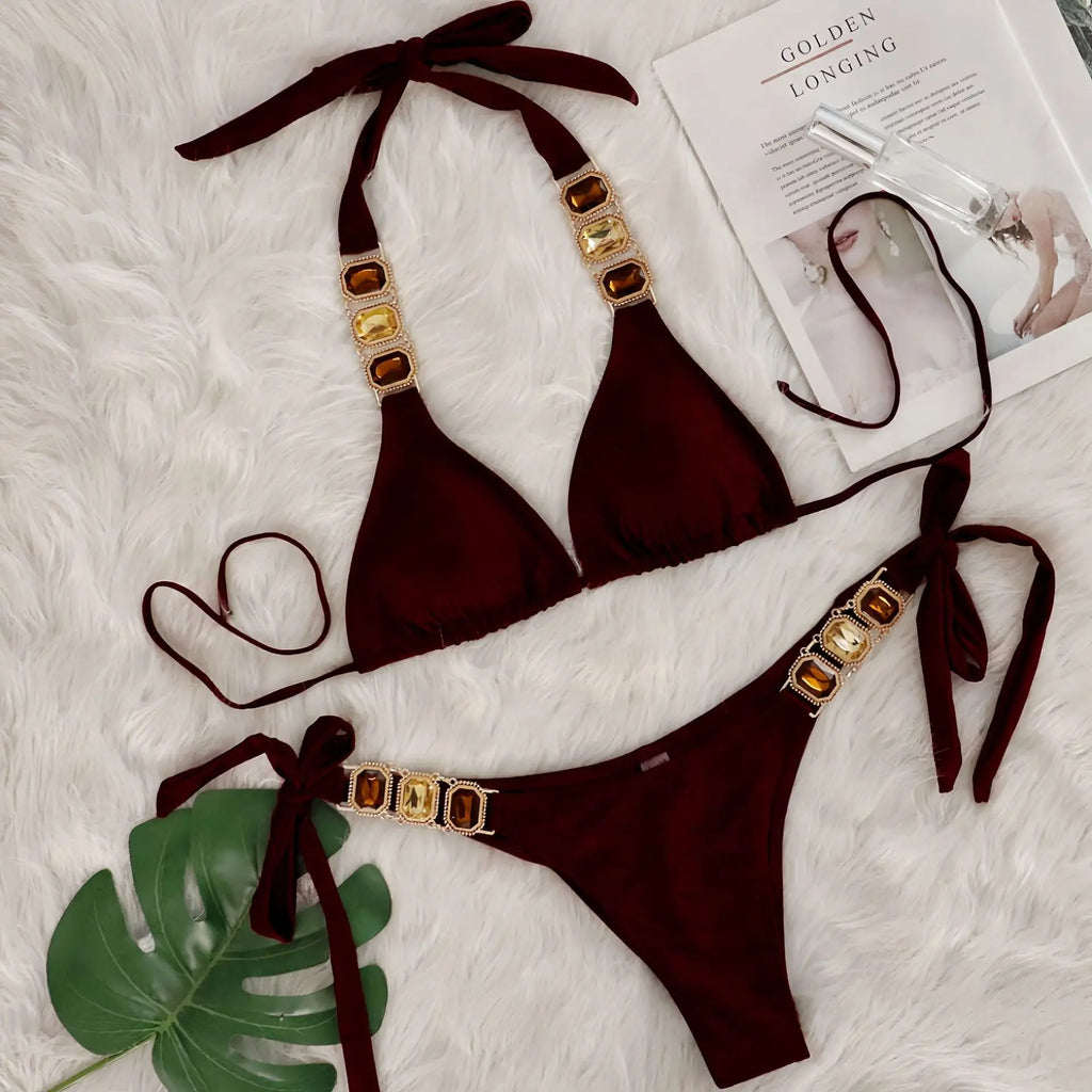 Sexy Rhinestone Bikini Set Women 2026 Luxury Pink Crystal Diamond Push Up Bandage Thong Swimsuit Beach Bathing Suit Swimwear
