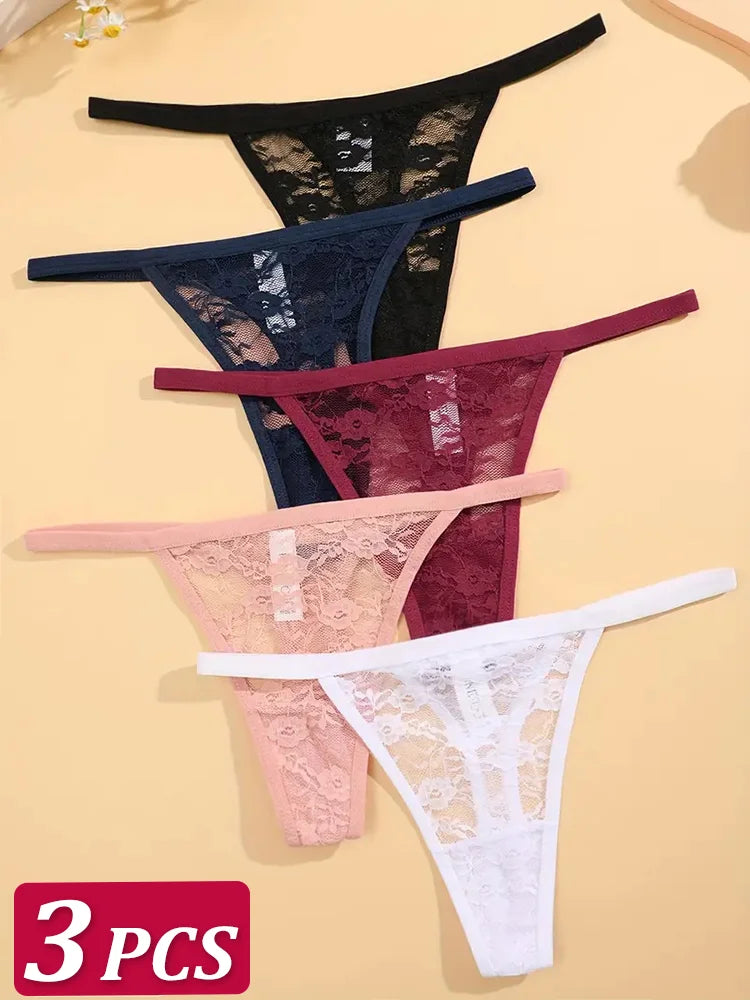 5PCS Sexy Lace Cotton Floral G-String Transparent Thong Seamless Women Low Waist Panties Underwear Solid Color Lingere Intimates