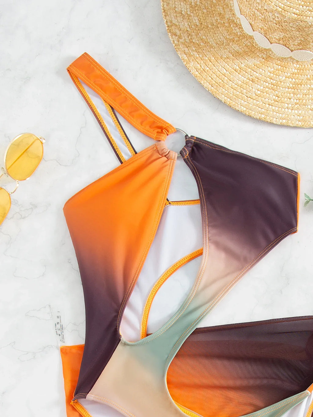 Sexy Orange Tie Dye Gradient One Piece Swimsuit 2025 Women One Shoulder Hollow Out Skirt Swimwear Bathing Suit Thong Monokini
