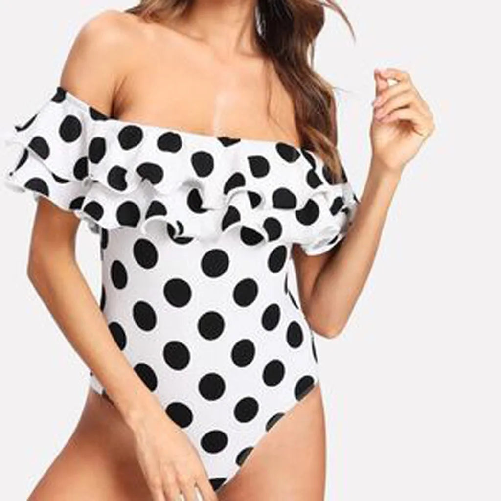 Black and White Polka Dot Ruffled One-Piece Swimsuits Sexy Push Up Bathing Suit Bodysuit Girl Beach Backless Swimwear Monokini