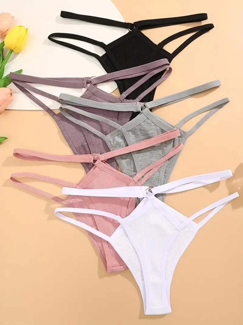 5PCS Women Sexy Cotton Panties Two Belts Hollow Out G-String Thongs Breathable Underwear for Female Solid Color Lingerie S-XL