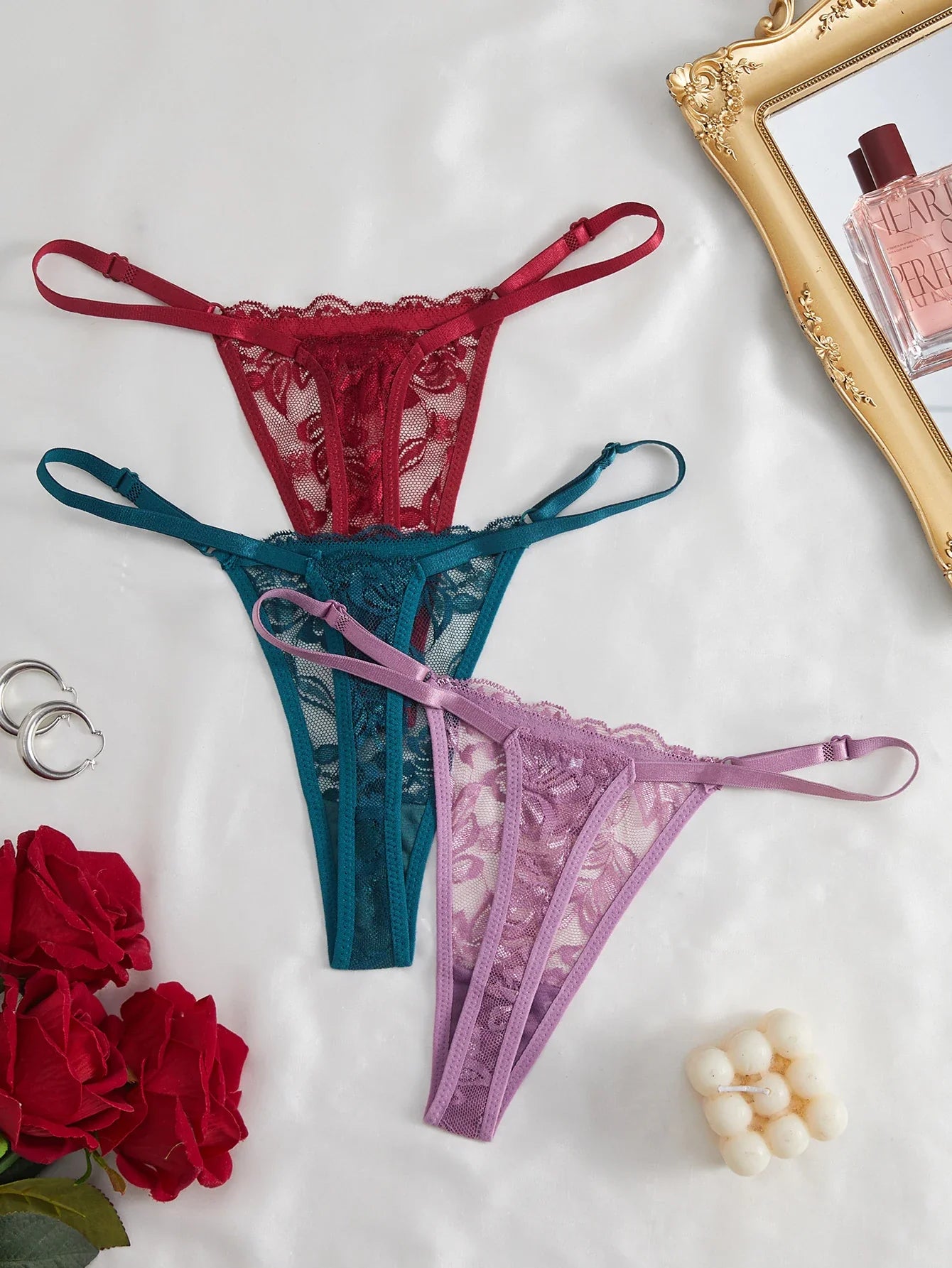 3-Pack Women's Sexy Lace Panties Underwear, Adjustable Strap Floral Lace Sheer Mesh Sexy Thong