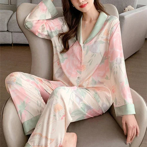 High Quality Ice Silk Light Luxury Pajamas Women's Pajama Spring and Autumn Style Long Sleeve Home Set Satin Nightwear Sleepwear