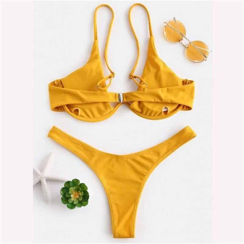 Sexy Underwire Bikini 2026 Mujer Women Solid Red Push Up Bra Thong Swimsuit Haler V Neck Bathing Suit Mini Micro Thong Swimwear