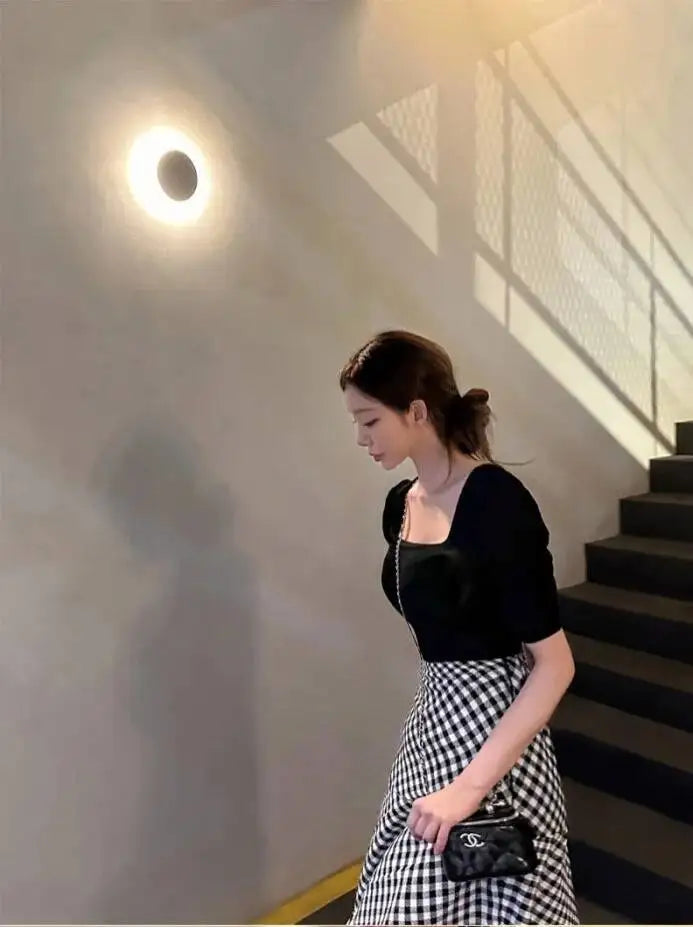 WOMENGAGA Korea Style 2023 Spring/Summer New High Waist Elegant Split Plaid Skirts Half Length Skirts Fashion Women 2023 22IV