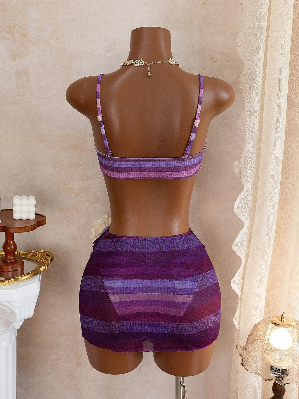 Sexy 3D Floral Bikini Set Women Purple Striped Pleate Push Up Bra Skirt 3 Piece Swimsuit Beach Bathing Suit Vacation Swimwear