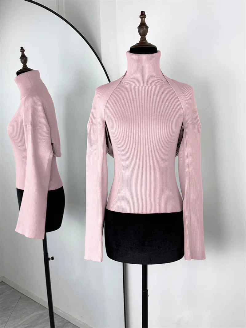 Trendix Knit Tank Top Sets For Women Fashion High Neck Vest And Long Sleeve Shawl 2 Piece Suits Sexy Backless Knitwear Top Femme