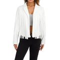Women Spring Autumn Slim Long Sleeve Open Front Coat Solid Color Collared Jacket with Tassels Black/ Coffee/ Pink