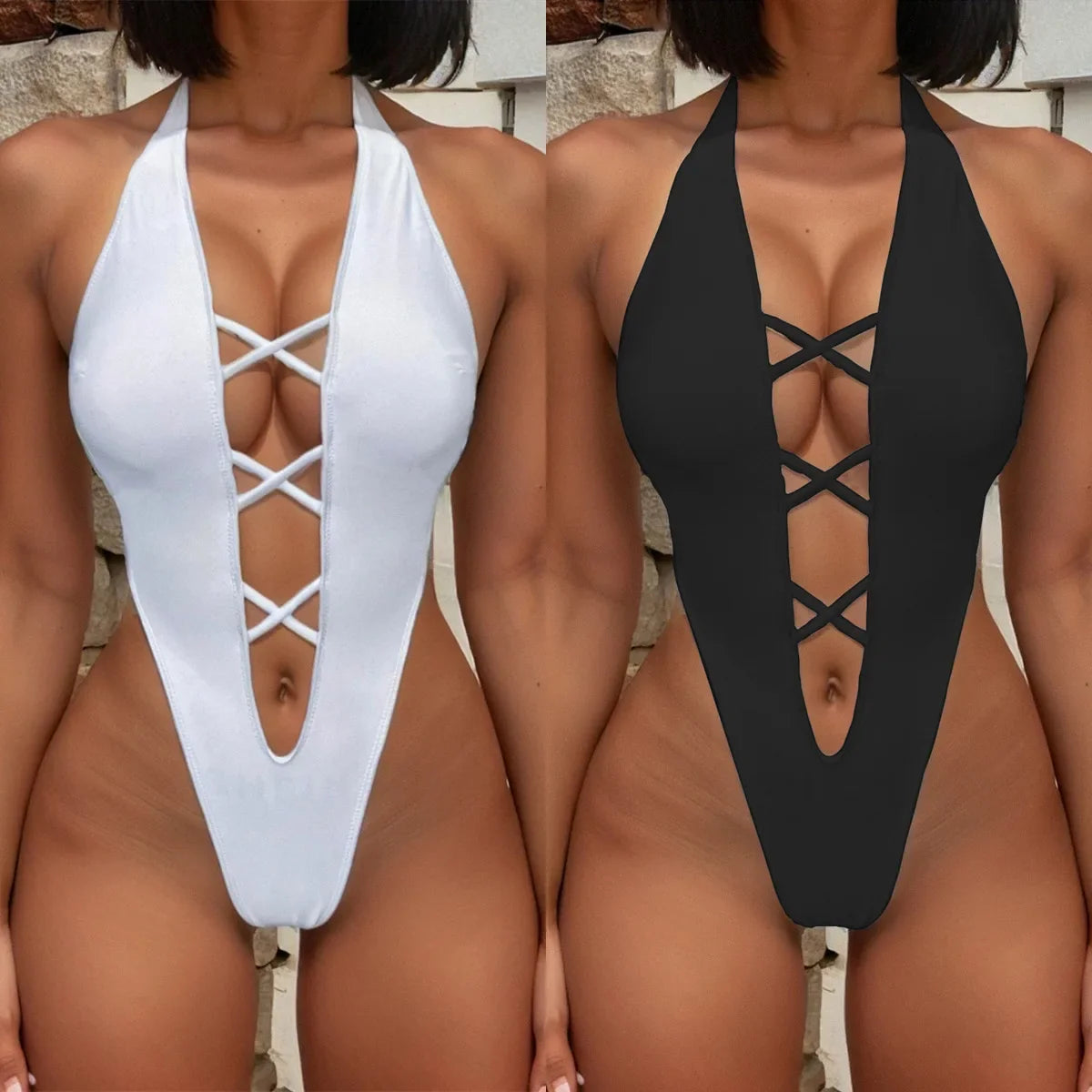 Sexy Hollow Out Cross One Piece Swimsuit 2026 Women White Black Deep V Neck Backless Thong Bikini Beach Bathing Suit Swimwear